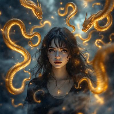The primary subject of the image is a woman with long hair, who is surrounded by a group of snakes. The setting appears to be a dark, possibly mystical or supernatural environment. The visual style of the image is a combination of photo and digital art, creating a surreal and captivating scene. The colors in the image are predominantly dark, with the snakes and the woman's hair being the main focus, creating a moody and mysterious atmosphere.